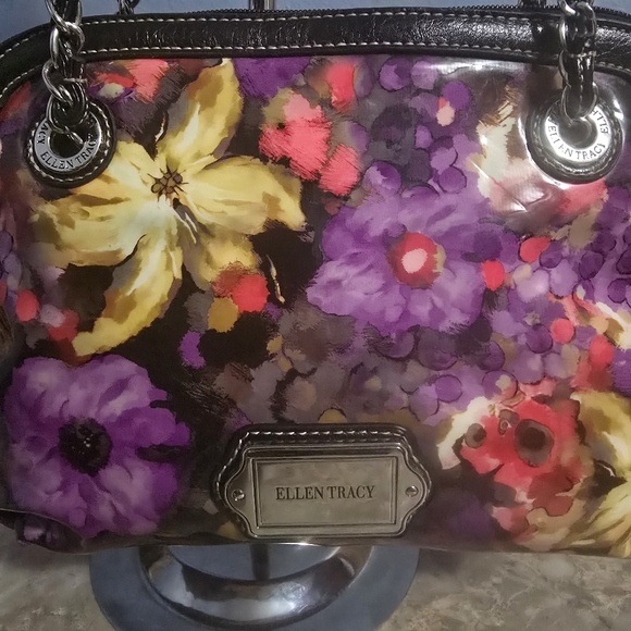 Ellen Tracy Floral Purple & Yellow Vinyl Shoulder Bag - Picture 3 of 12